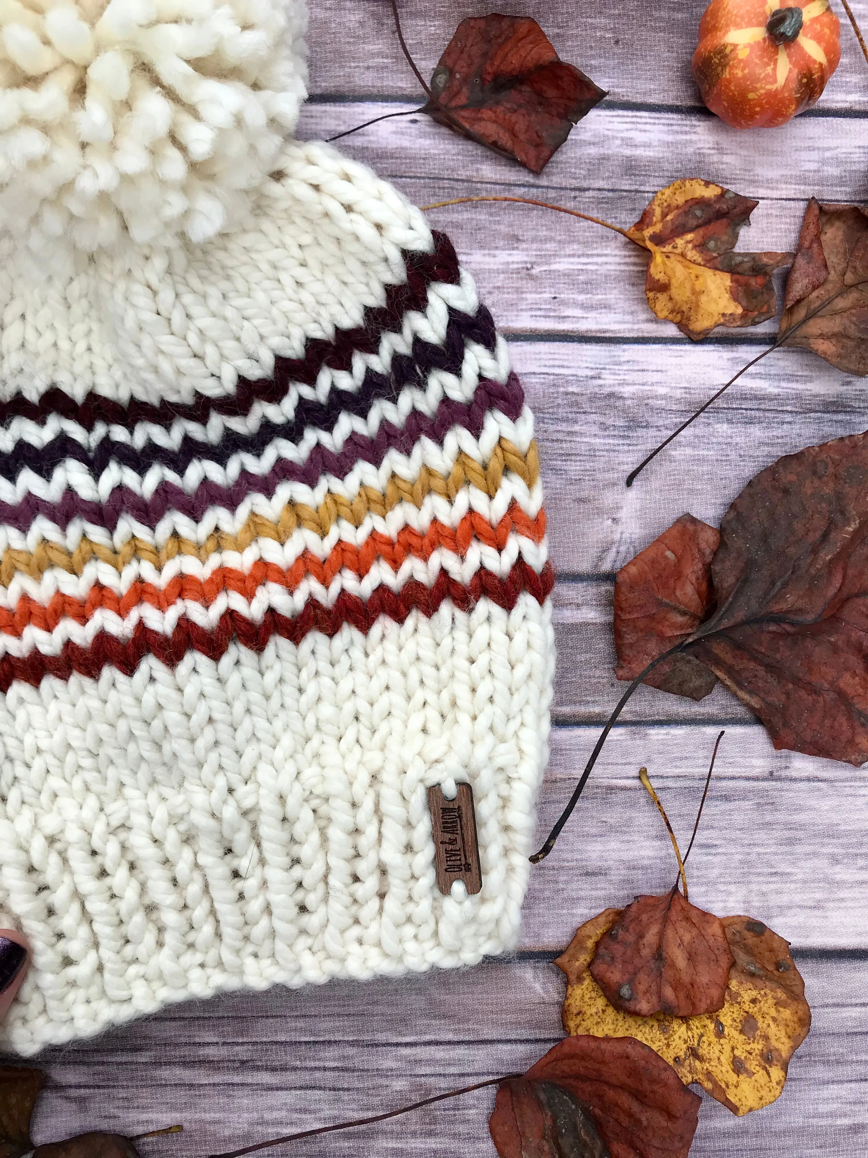 Adult Knitted Striped Beanie with Yarn Pom Pom // Retro Rainbow Stripes