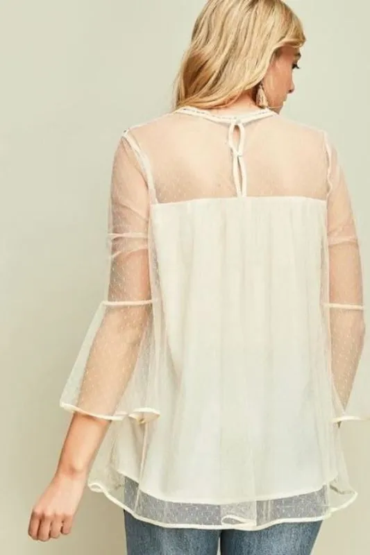 Entro Embroidered Dot Mesh Blouse - Natural