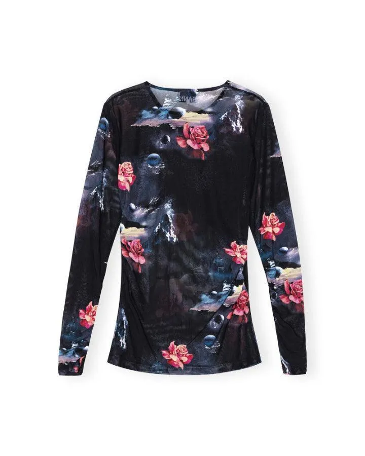 Ganni Printed Mesh Long Sleeve Gathered Blouse