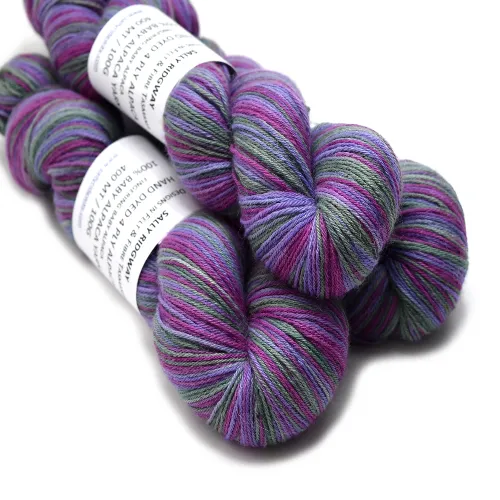 Hand Dyed Baby Alpaca Yarn 4 Ply Fingering Weight in Pink Purple Green 12601