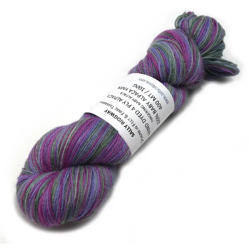 Hand Dyed Baby Alpaca Yarn 4 Ply Fingering Weight in Pink Purple Green 12601