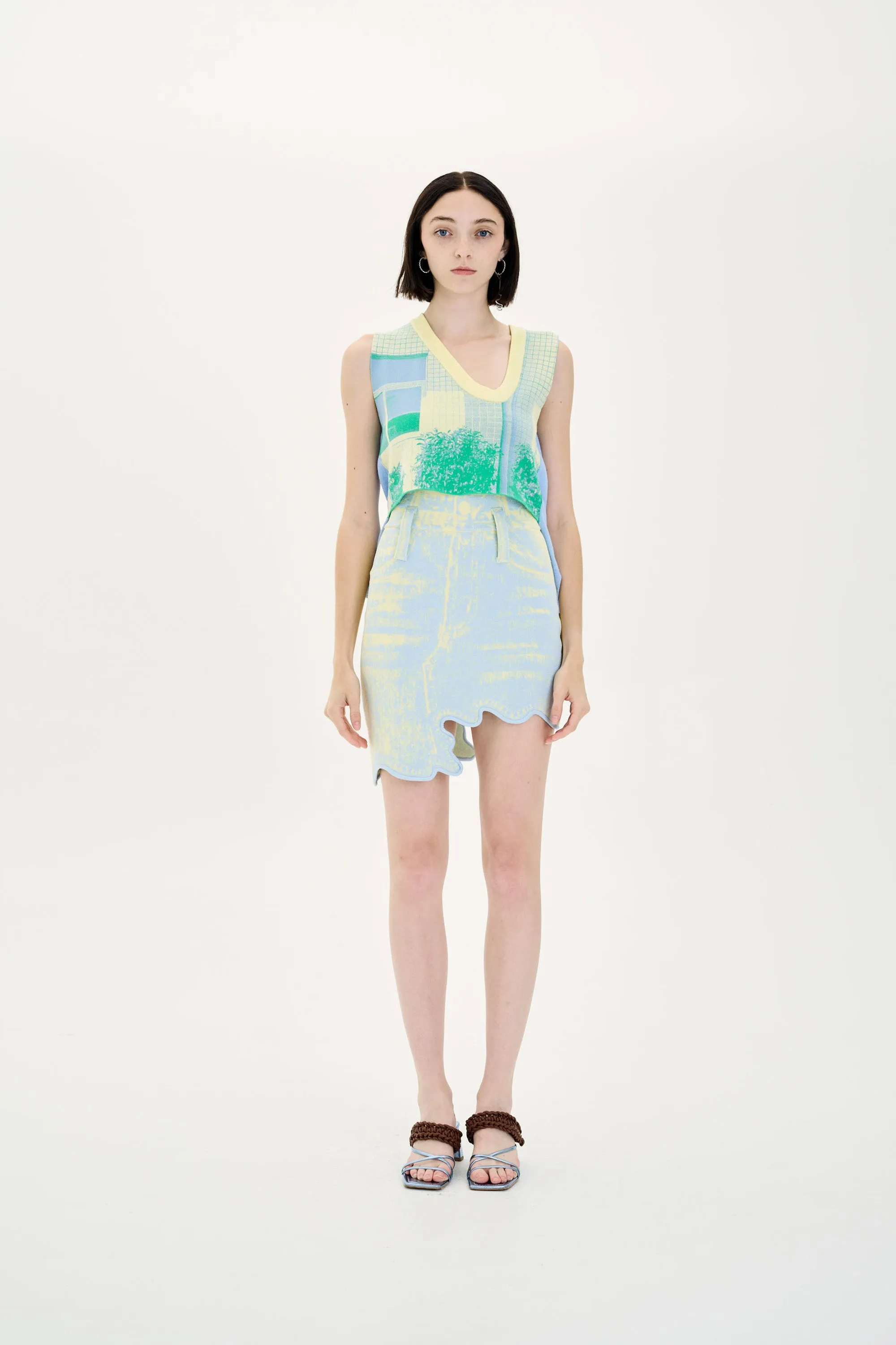 LINDSAY FAKE DENIM WAVY MINI SKIRT