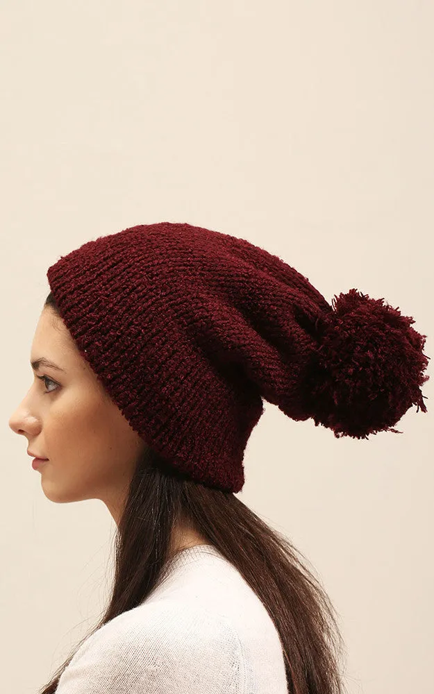 MH1828 Burgundy Scarf Pompom Hat