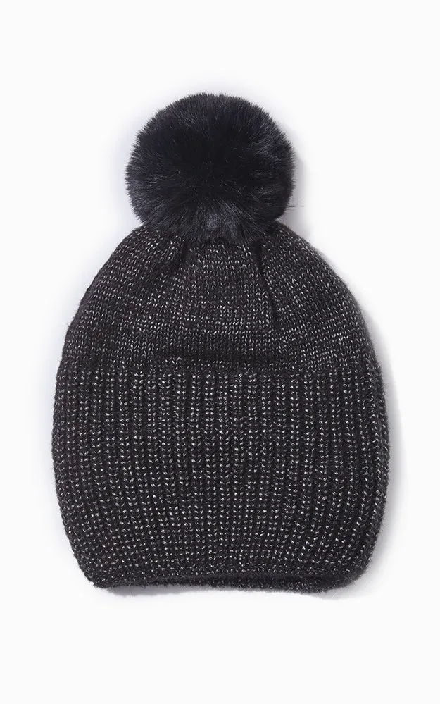 MH2429 Shiny Knit Ribbed Pom Pom Hat