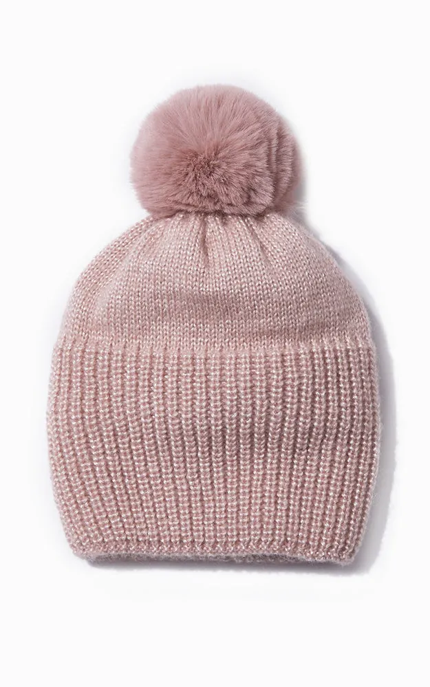 MH2429 Shiny Knit Ribbed Pom Pom Hat