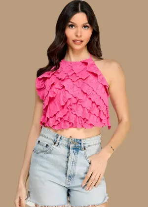 THE SWEETEST THING HOT PINK RUFFLED HALTER TOP