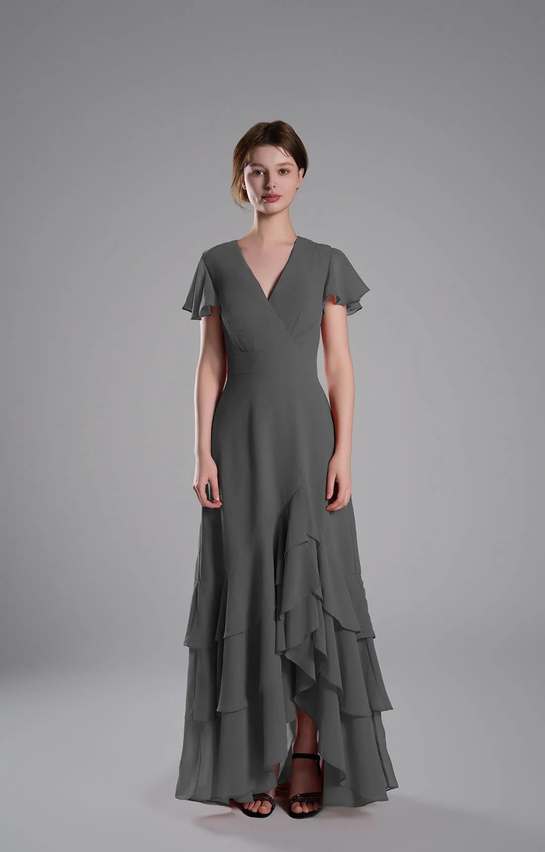 V-Neck Flutter Sleeves Asymmetrical Hemline Dresses