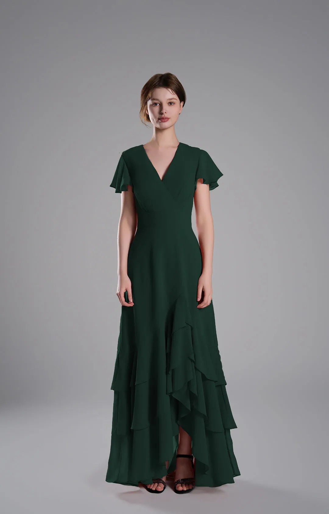 V-Neck Flutter Sleeves Asymmetrical Hemline Dresses