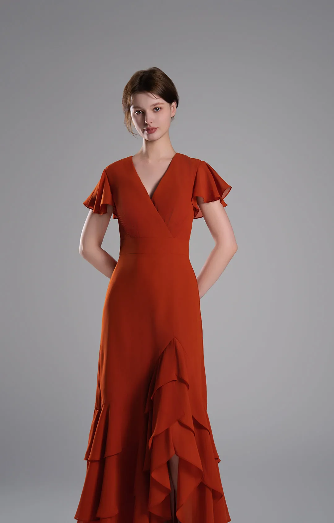 V-Neck Flutter Sleeves Asymmetrical Hemline Dresses