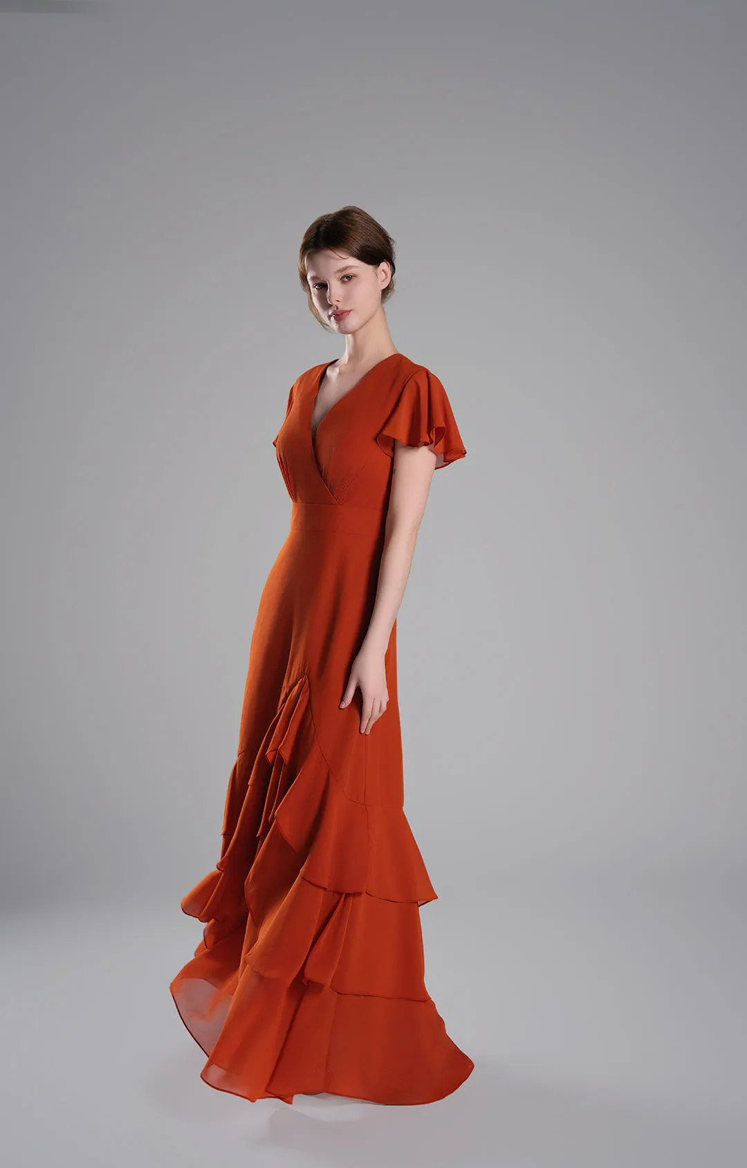 V-Neck Flutter Sleeves Asymmetrical Hemline Dresses