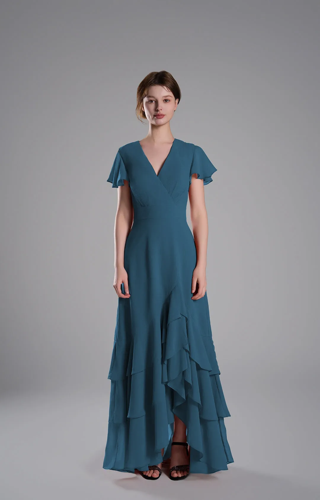 V-Neck Flutter Sleeves Asymmetrical Hemline Dresses
