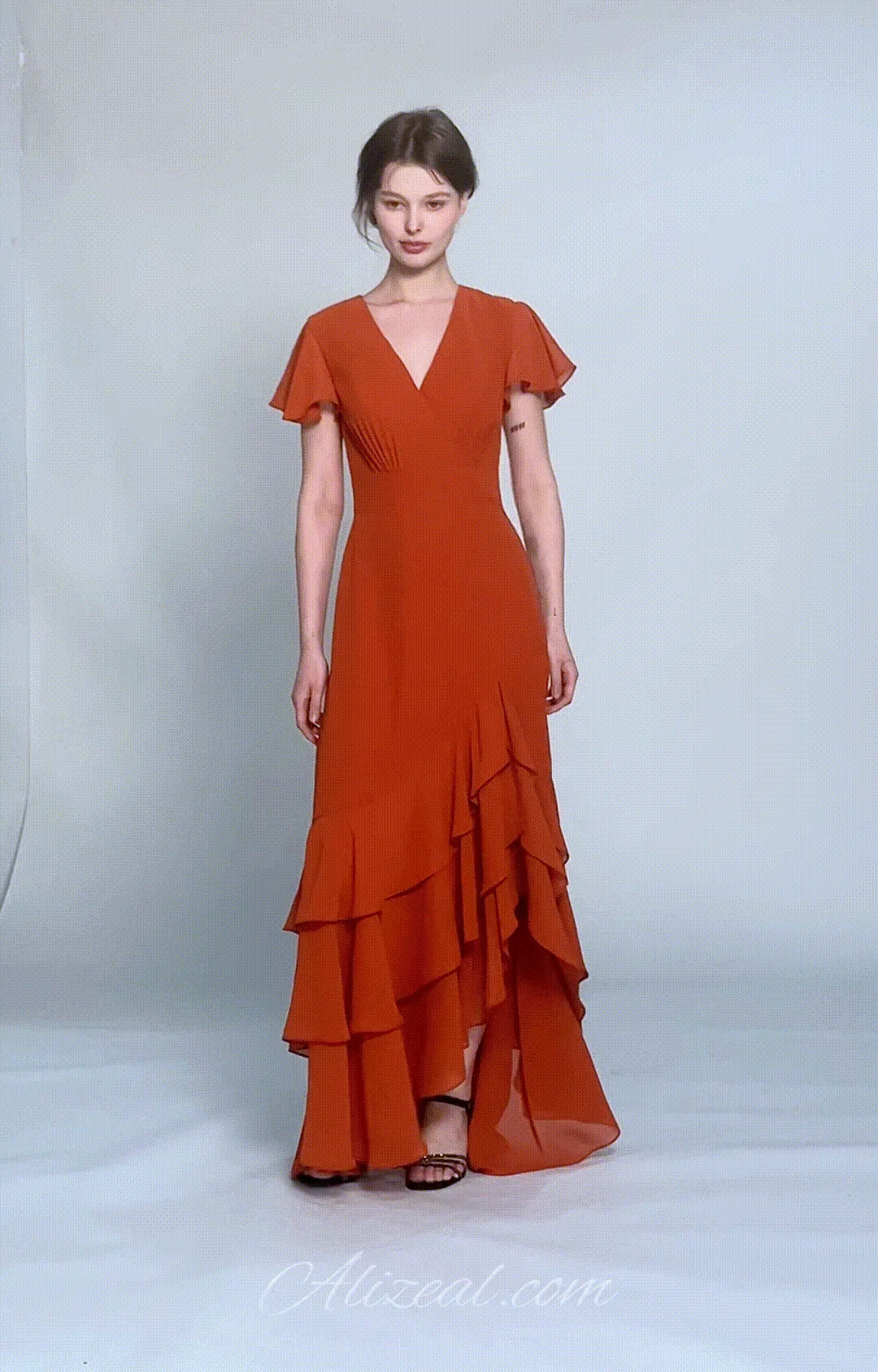 V-Neck Flutter Sleeves Asymmetrical Hemline Dresses
