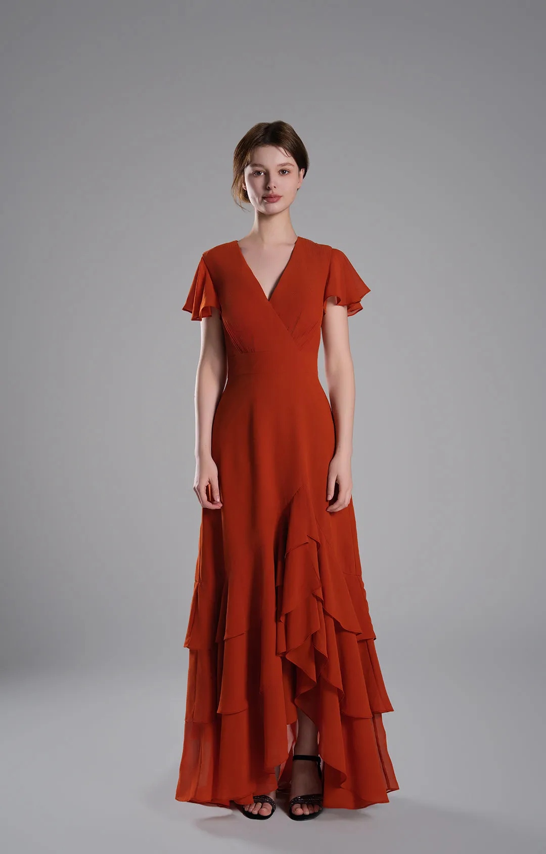 V-Neck Flutter Sleeves Asymmetrical Hemline Dresses