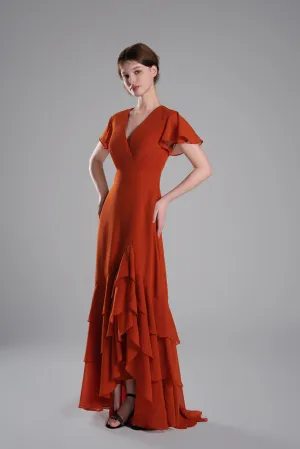 V-Neck Flutter Sleeves Asymmetrical Hemline Dresses