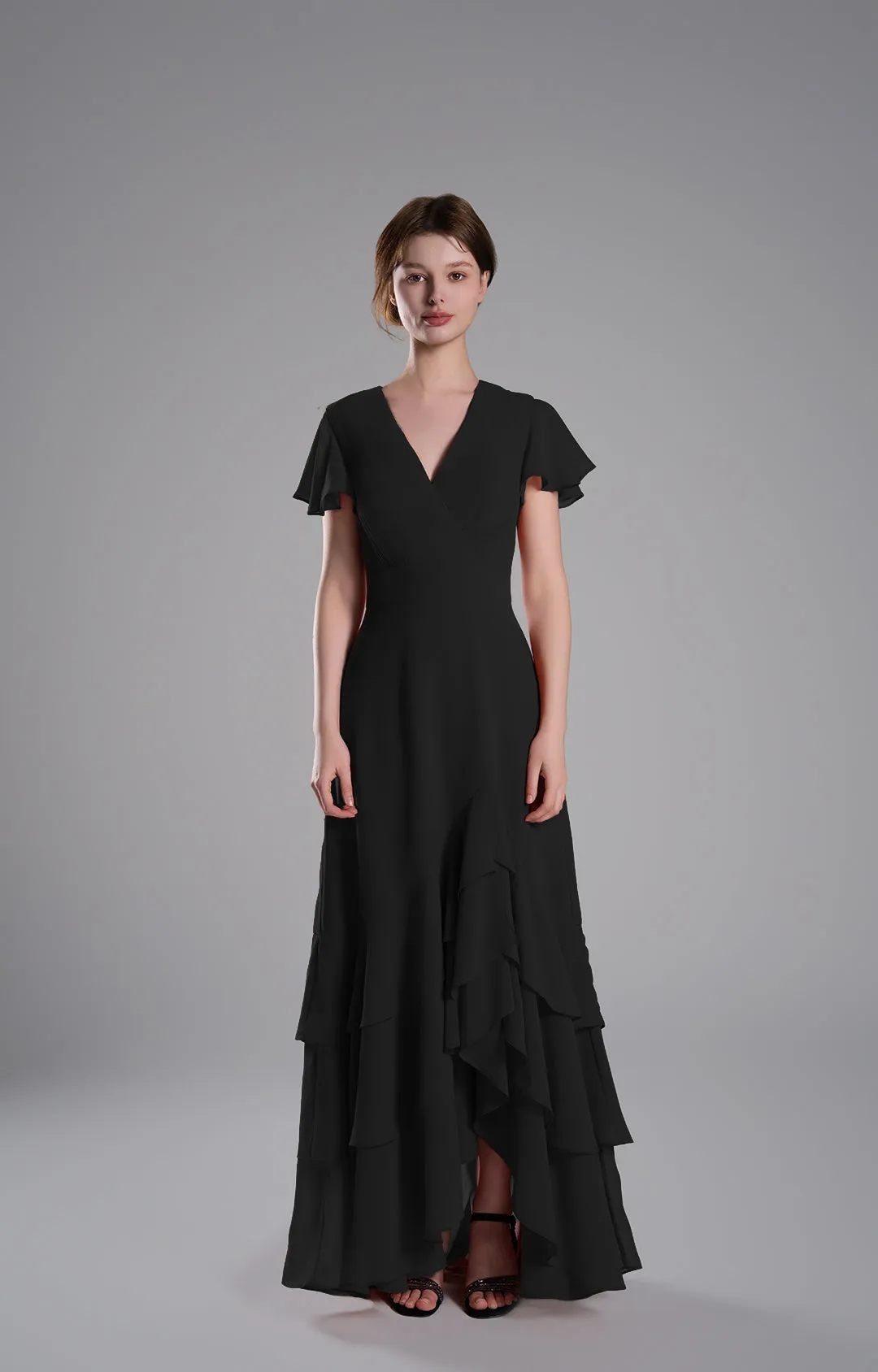 V-Neck Flutter Sleeves Asymmetrical Hemline Dresses