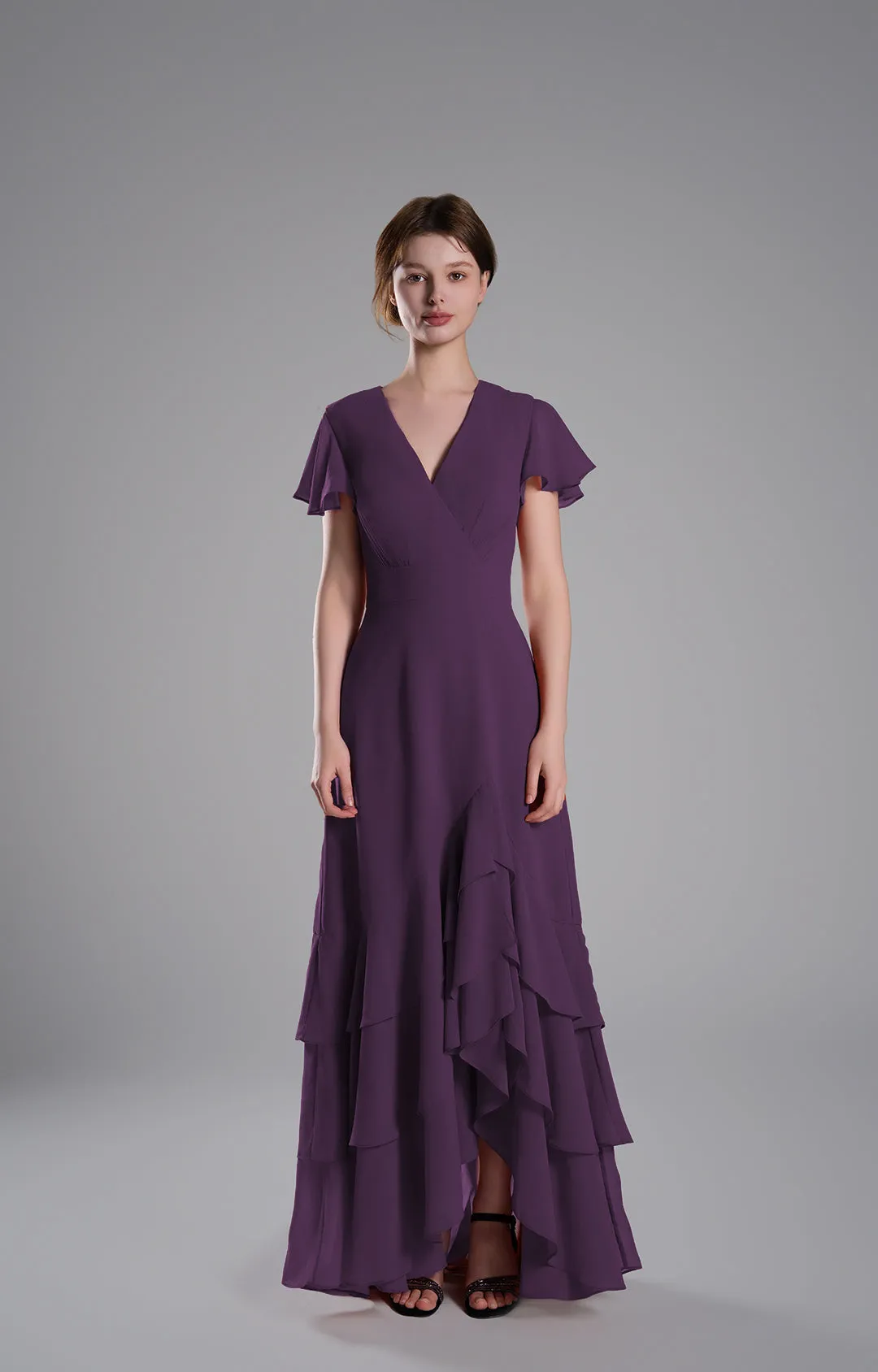 V-Neck Flutter Sleeves Asymmetrical Hemline Dresses