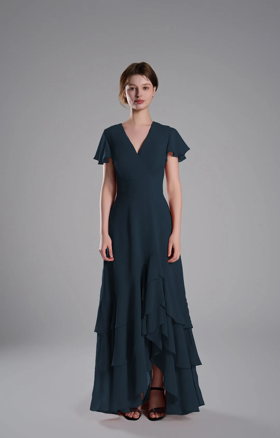 V-Neck Flutter Sleeves Asymmetrical Hemline Dresses