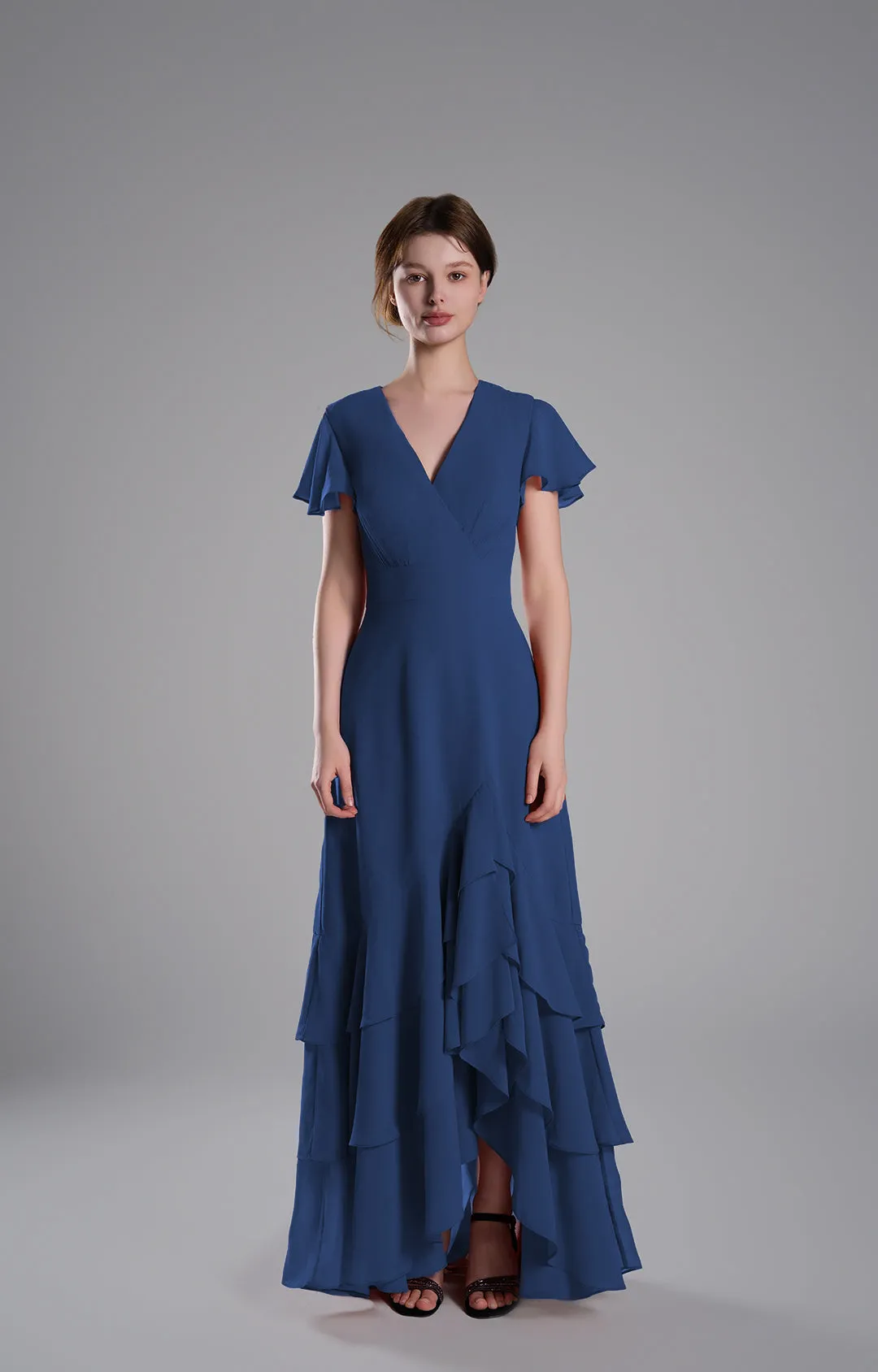 V-Neck Flutter Sleeves Asymmetrical Hemline Dresses