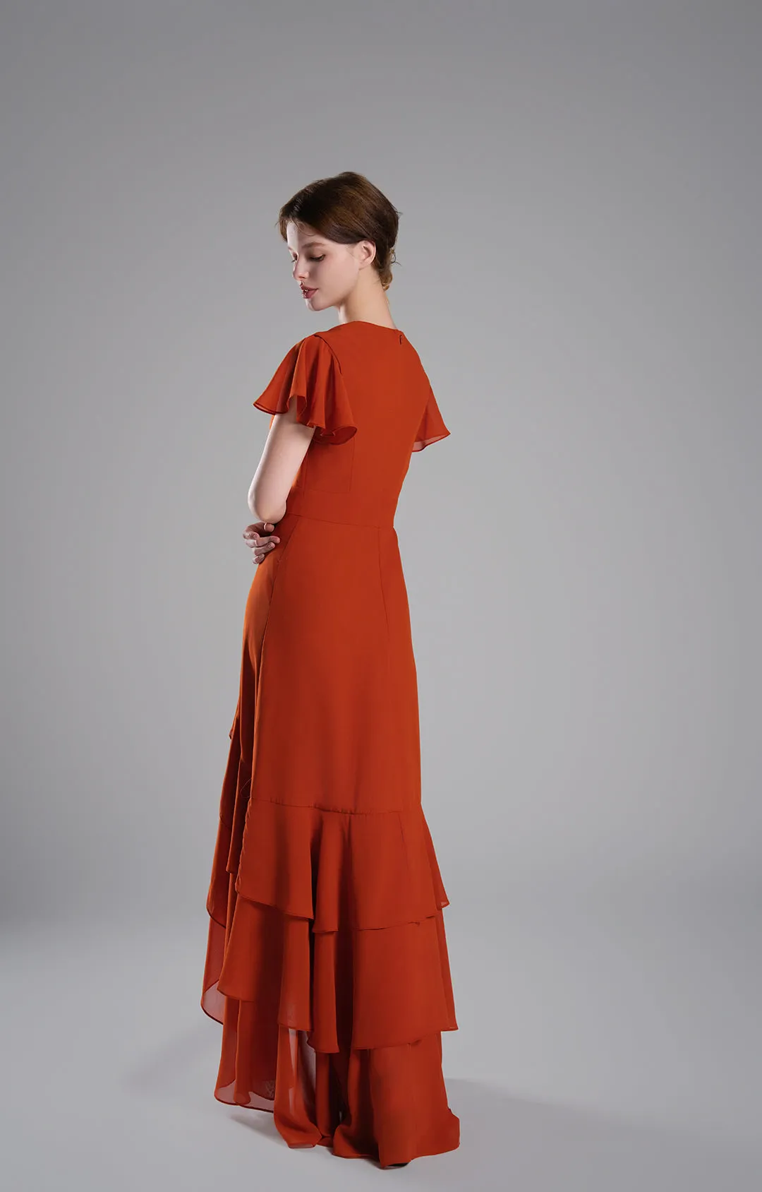 V-Neck Flutter Sleeves Asymmetrical Hemline Dresses
