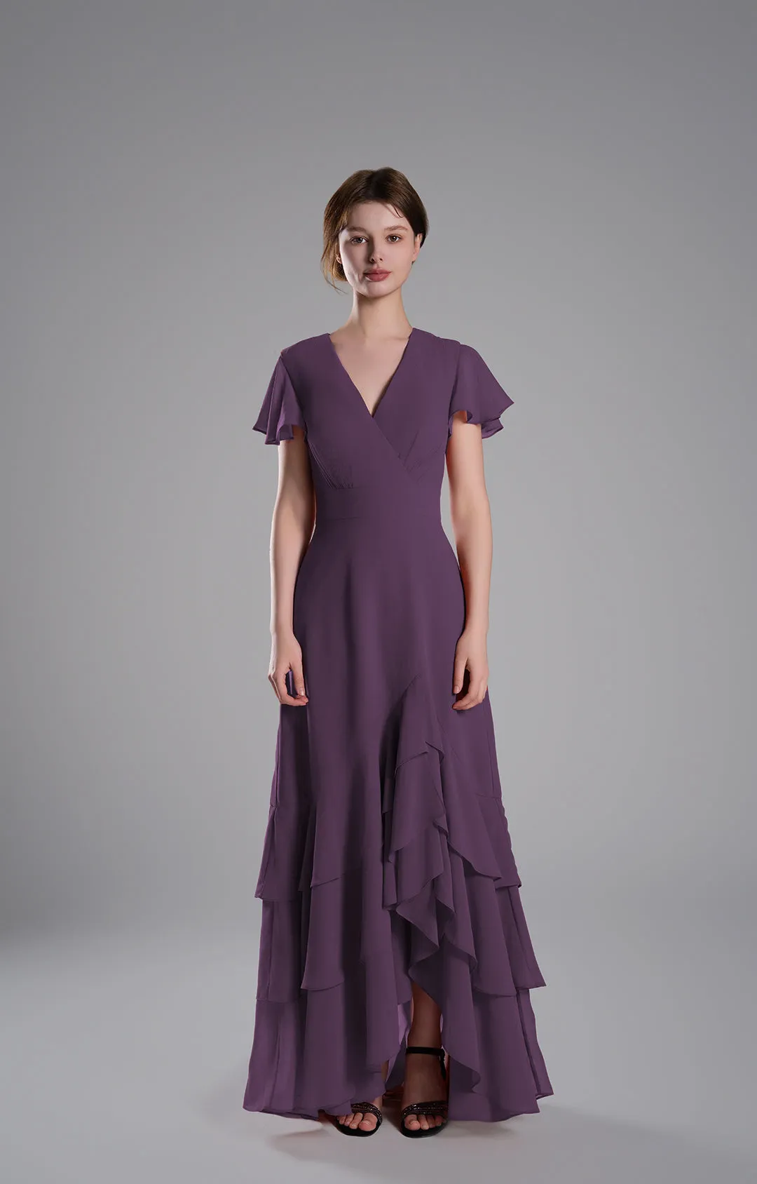 V-Neck Flutter Sleeves Asymmetrical Hemline Dresses