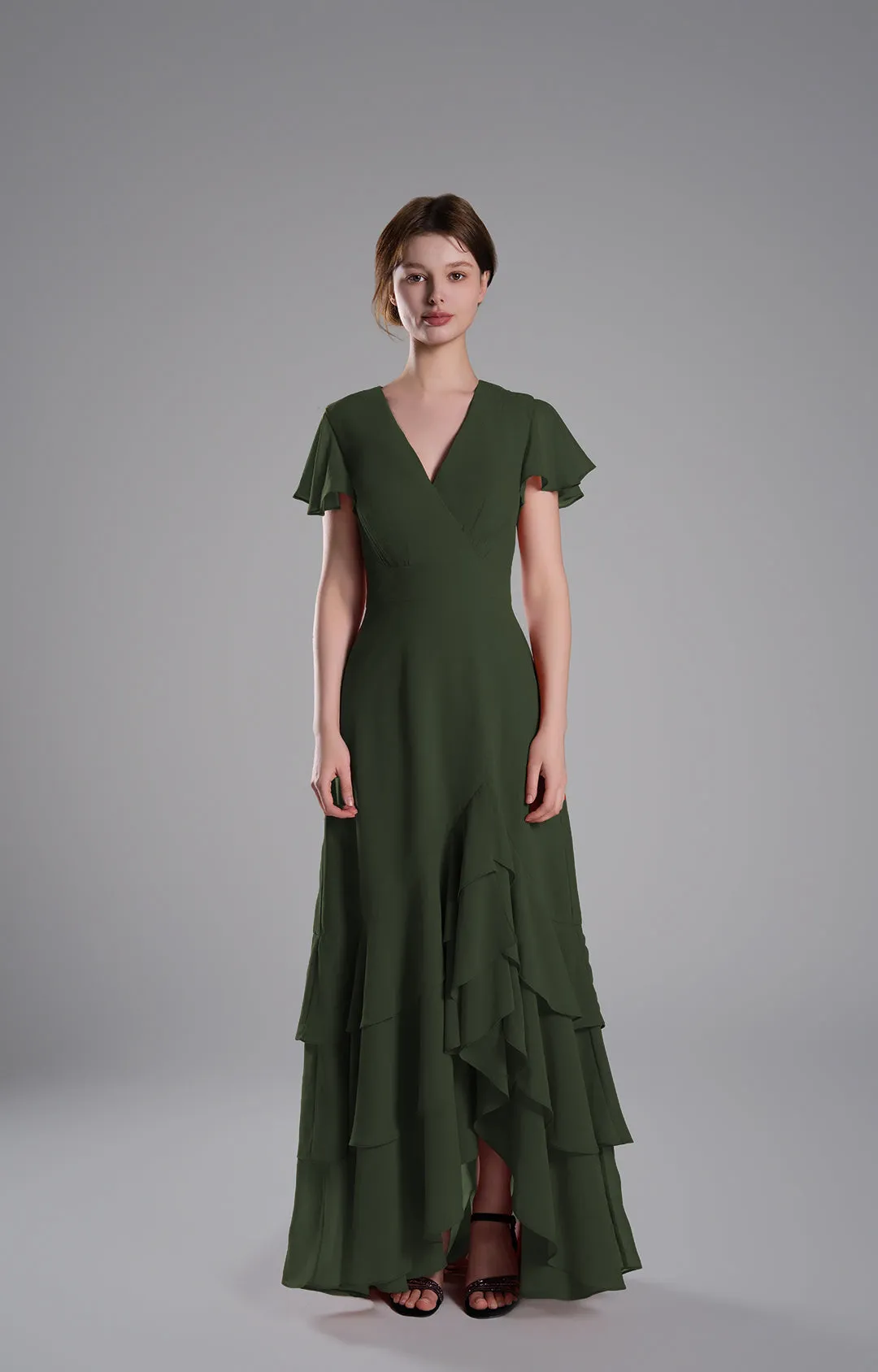 V-Neck Flutter Sleeves Asymmetrical Hemline Dresses