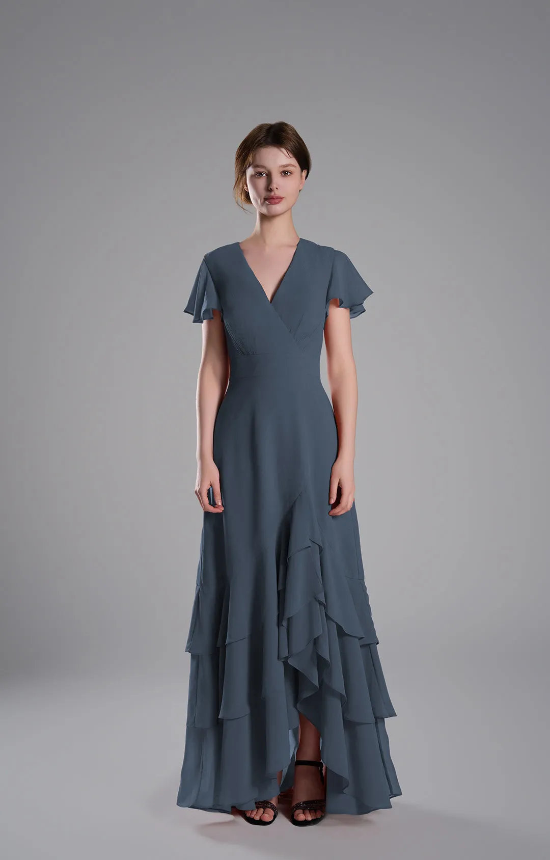 V-Neck Flutter Sleeves Asymmetrical Hemline Dresses