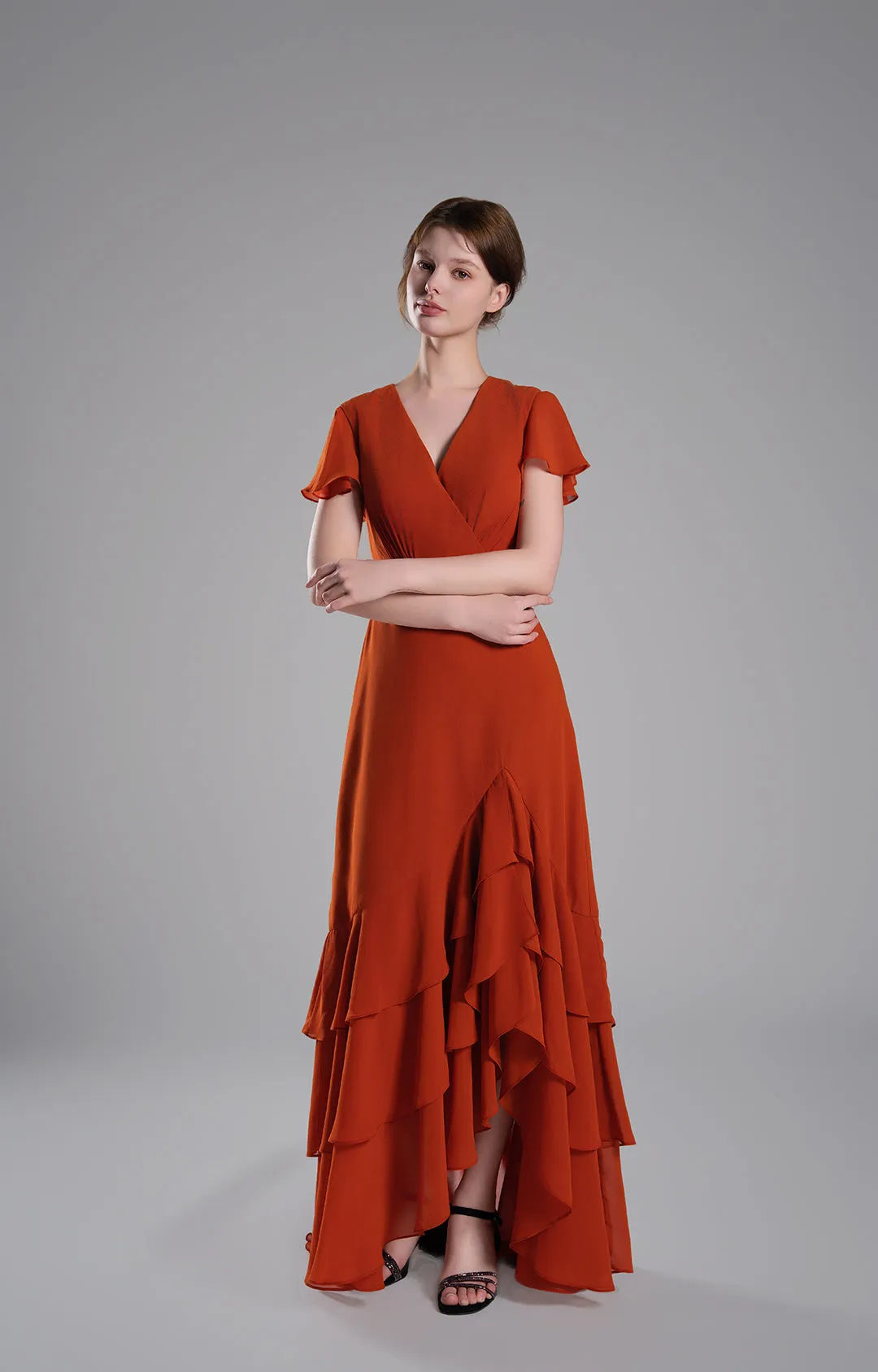 V-Neck Flutter Sleeves Asymmetrical Hemline Dresses