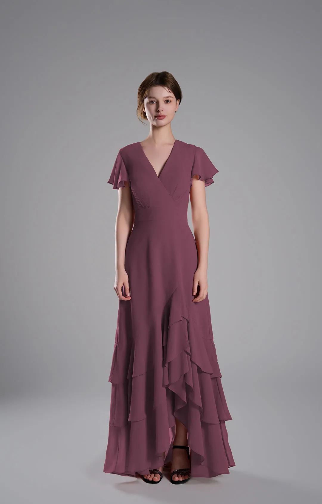 V-Neck Flutter Sleeves Asymmetrical Hemline Dresses