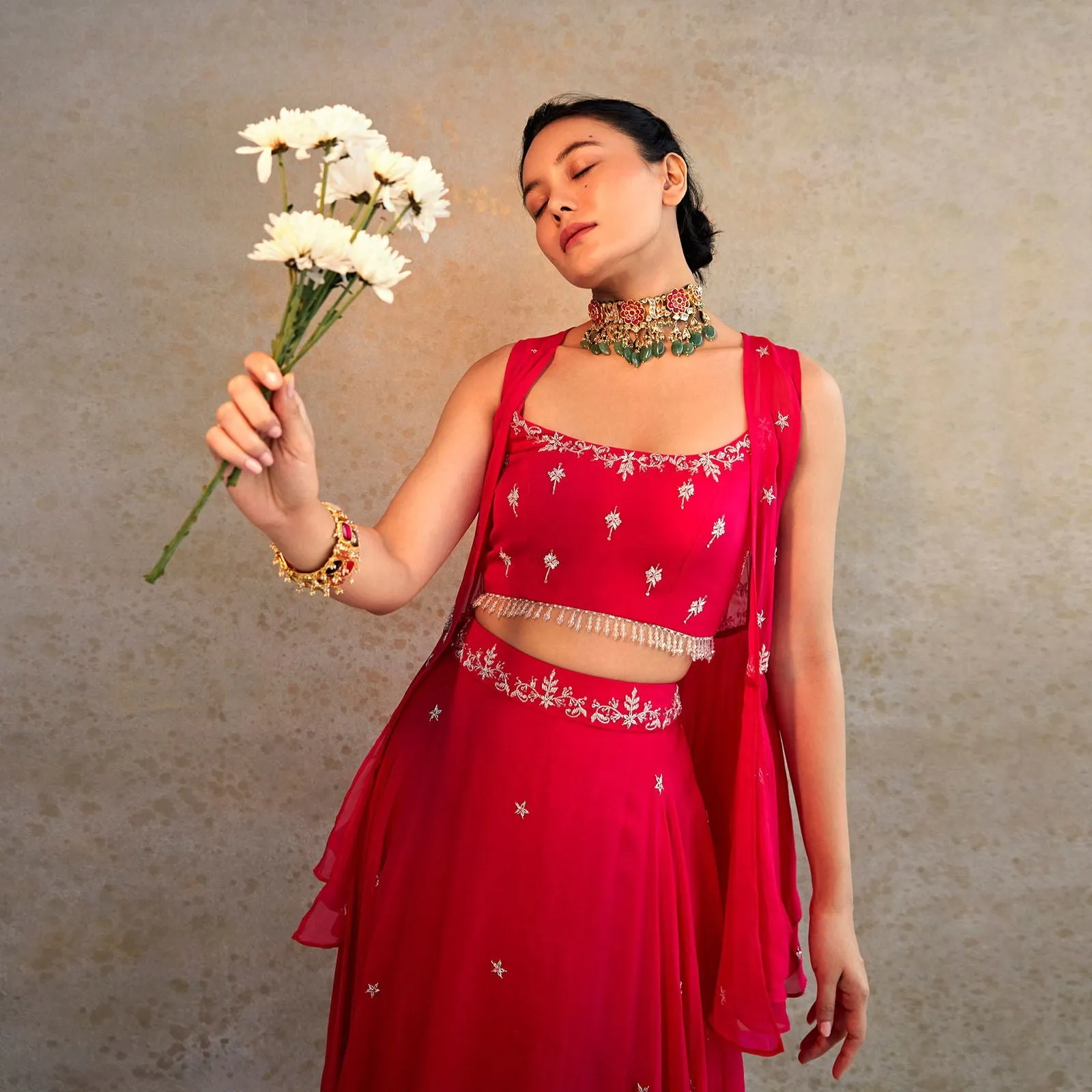 Women Organza Roundneck Embellished Regular Fit Lehenga Set Pink