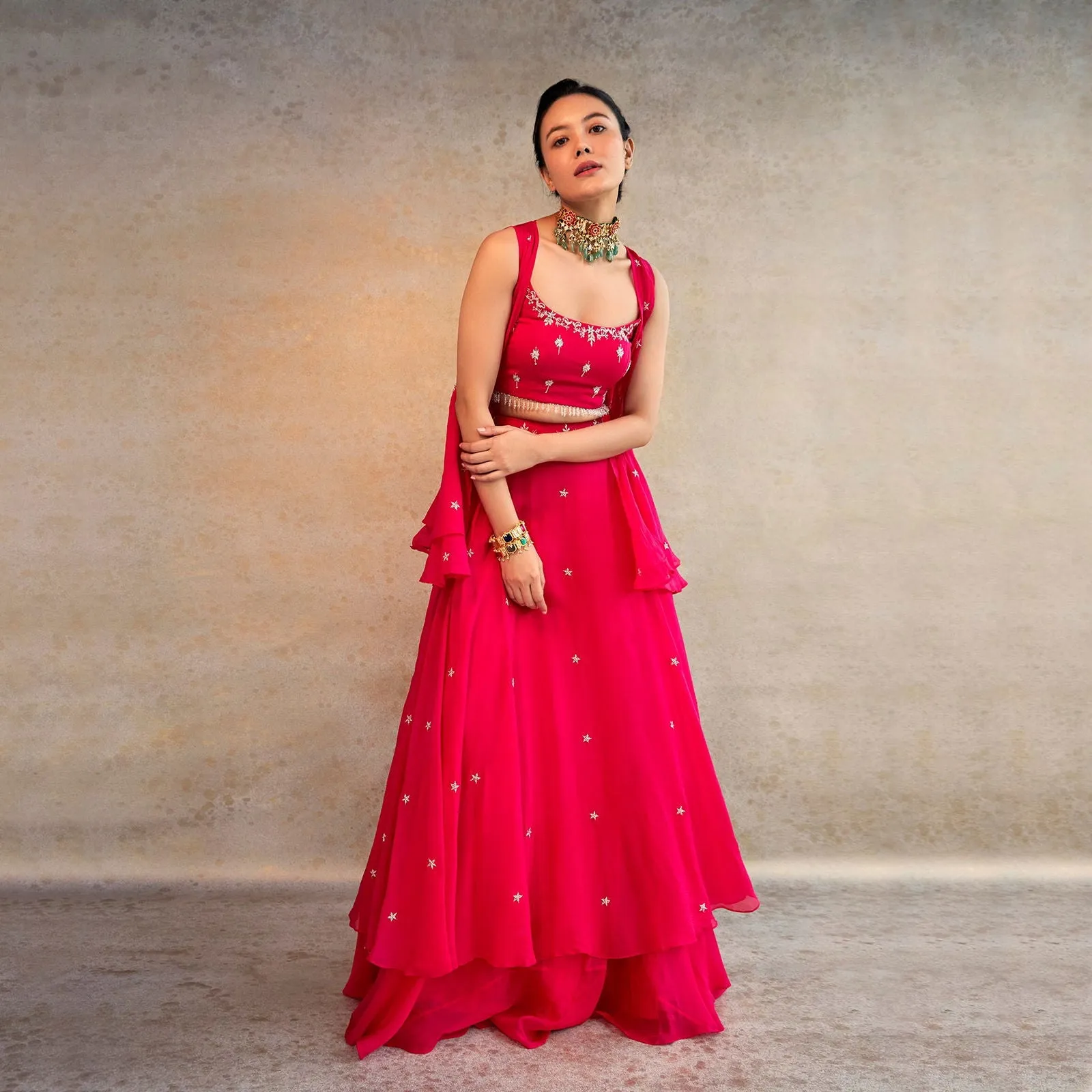 Women Organza Roundneck Embellished Regular Fit Lehenga Set Pink